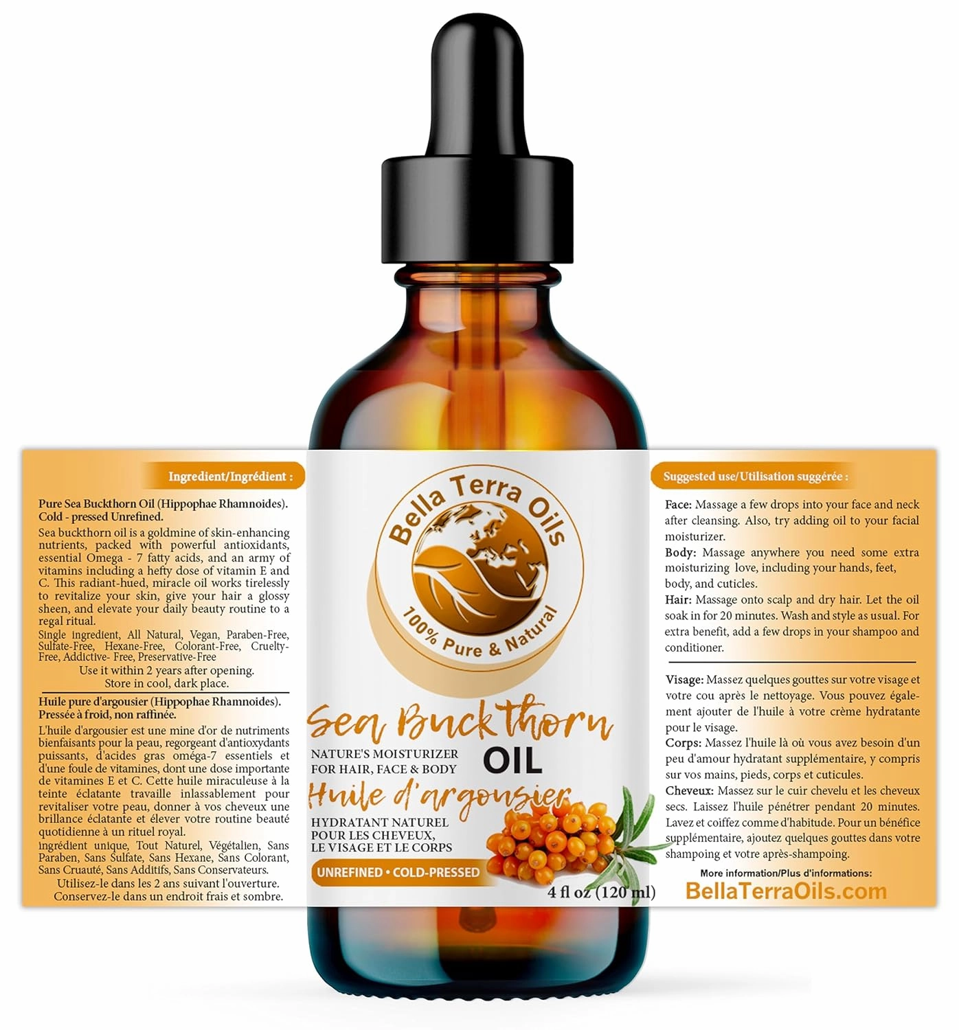 Bella Terra Oils - Seabuckthorn Berry Oil 4oz - Experience Nature's Luxurious Touch, Brimming with Vitamin E & Carotenoids, Transcend Ordinary Skincare