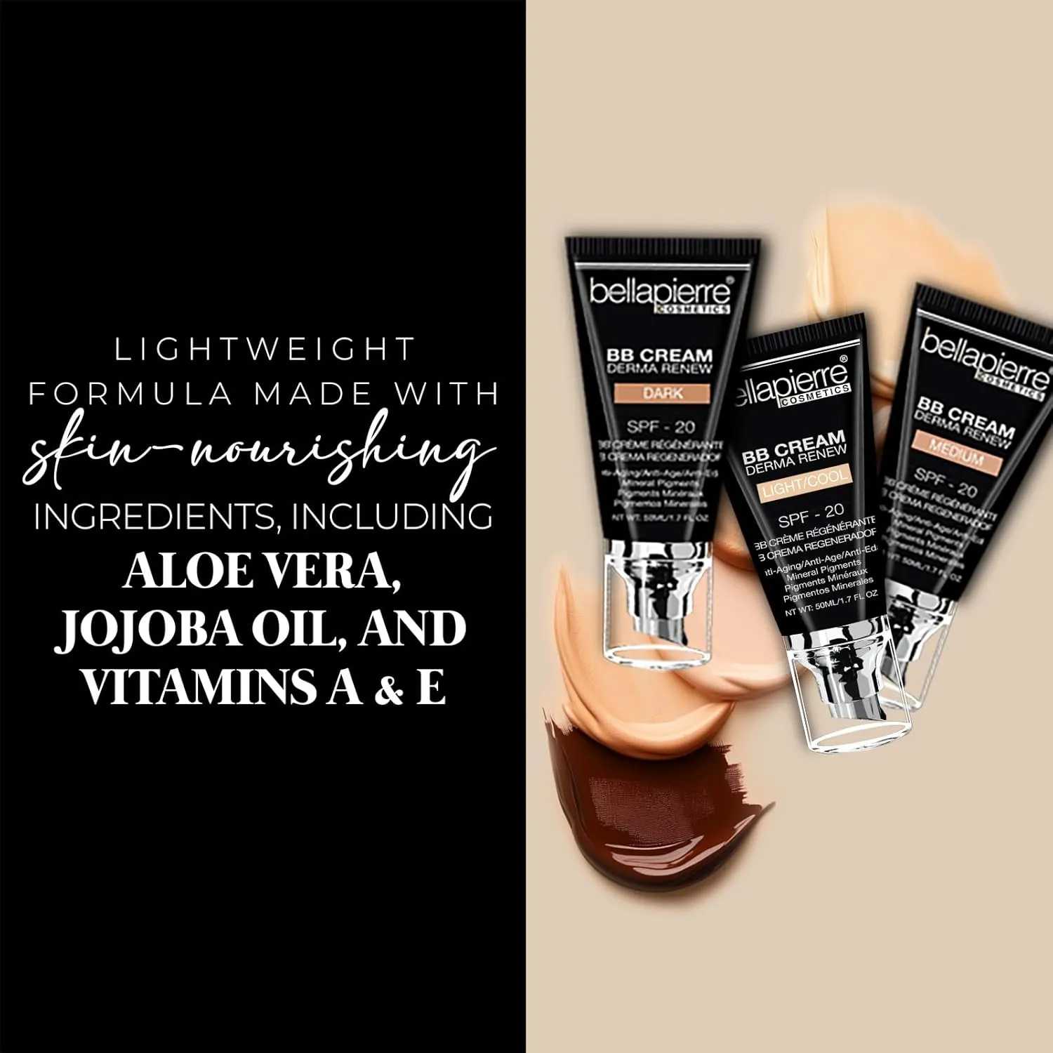 bellapierre BB Cream with SPF 20 - Tinted Sunscreen, Concealer, Matte Foundation, & Moisturizing Face Cream | Lightweight Formula   Pump Top Applicator | Non-Toxic & Paraben Free | 1.7 Oz - Dark Cool