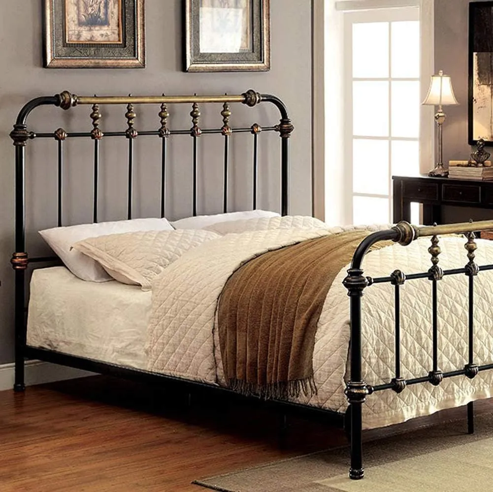 Benjara Benzara Transitional Queen Metal Bed, Black and Gold,