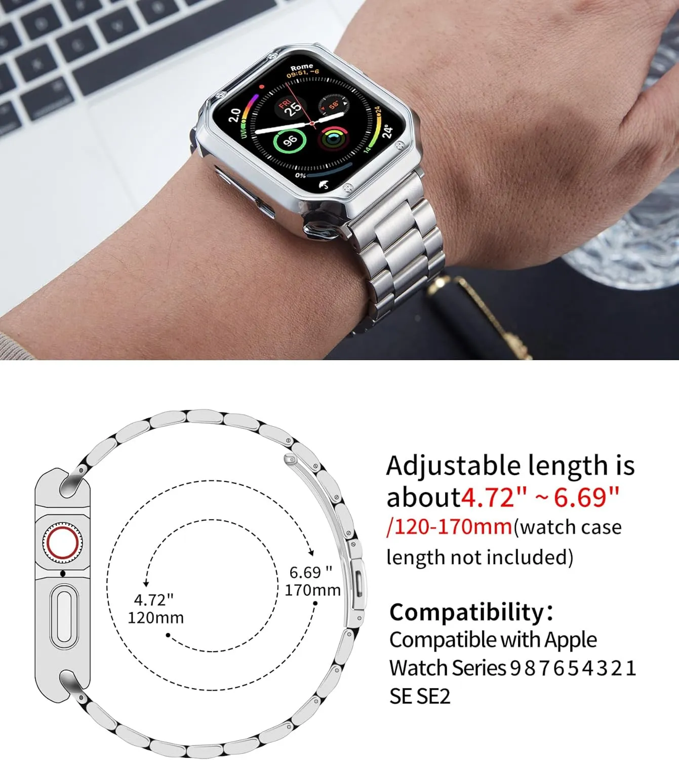 BINLUN Compatible with Apple Watch Band 49mm 46mm 45mm 44mm 42mm 41mm 40mm 38mm Stainless Steel Metal Watch Strap with TPU Watch Case Compatible with iWatch Series Ultra/10/9/8/7/SE2/SE/6/5/4/3/2/1
