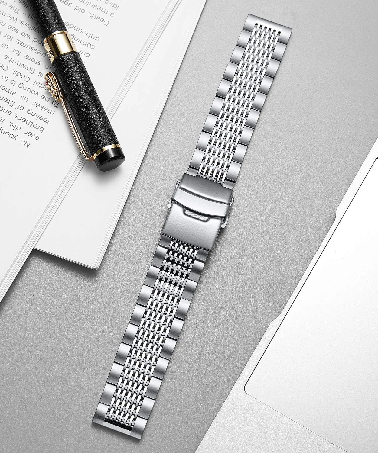 BINLUN Stainless Steel Watch Band, Metal Watch Strap for Men Women Replacement with Double-Lock Deployment Clasp Polished Watch Bracelet Silver Black Gold Rose-gold 18/19/20/21/22/24mm