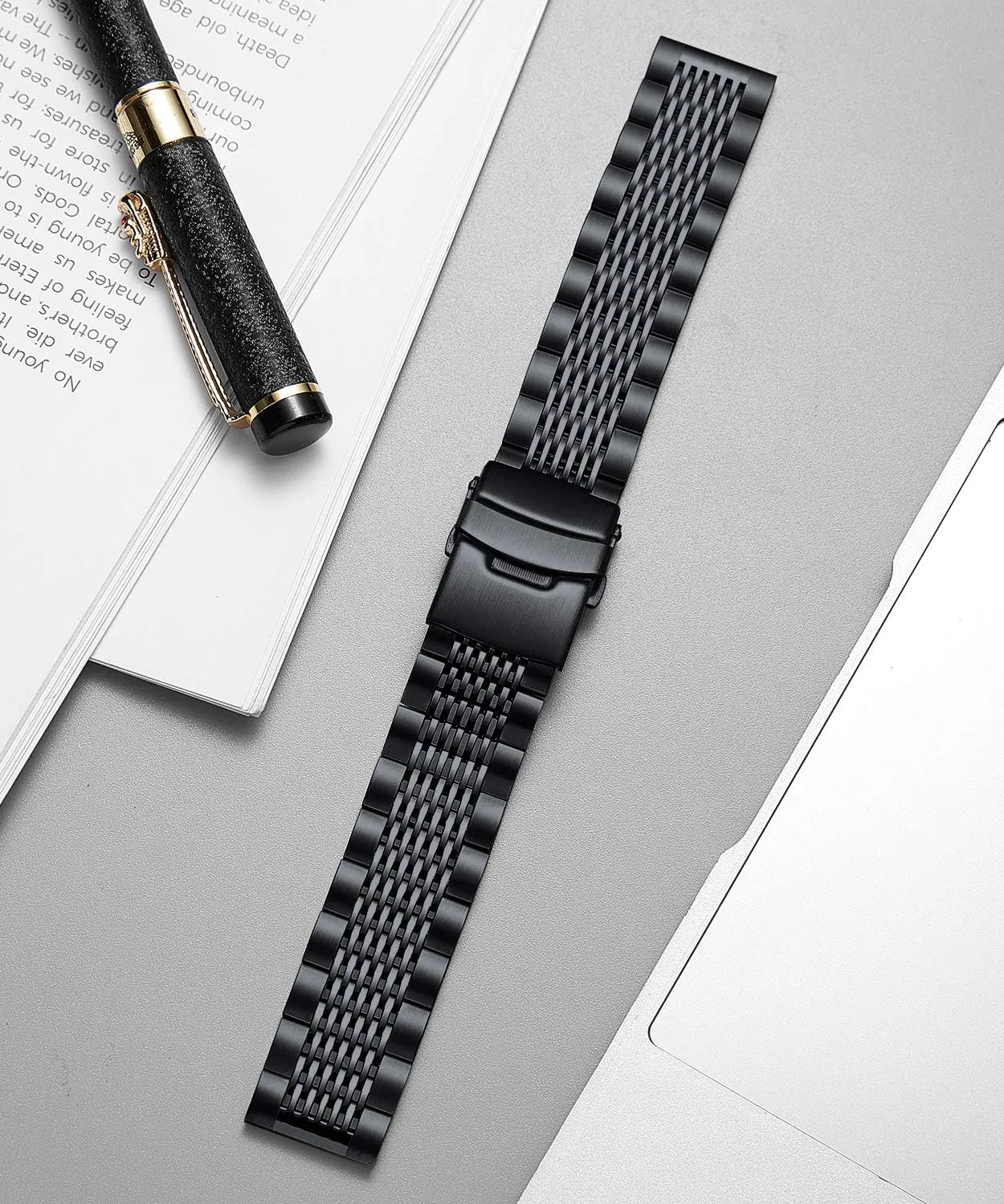BINLUN Stainless Steel Watch Band, Metal Watch Strap for Men Women Replacement with Double-Lock Deployment Clasp Polished Watch Bracelet Silver Black Gold Rose-gold 18/19/20/21/22/24mm