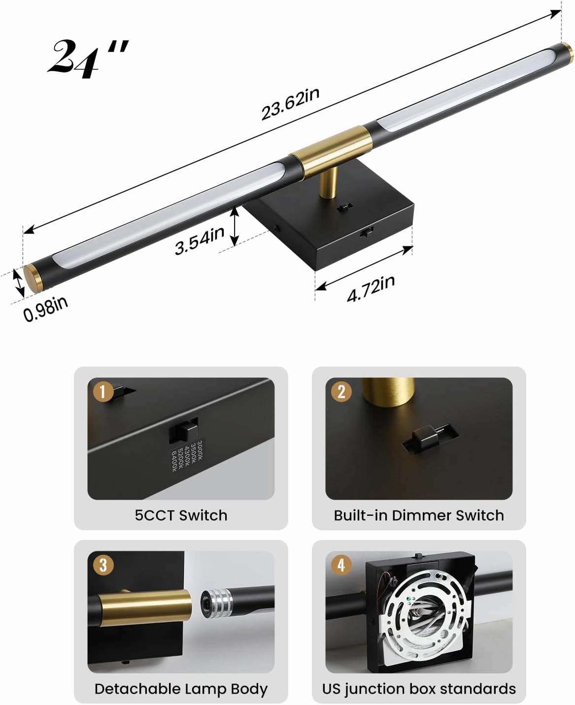 Black Gold Vanity Light Fixtures for Bathroom Over Mirror 24 inch LED Bath Sconces IP44 5CCT Adjustable Morden Picture Lights for Paintings (Built-in Dimmer)