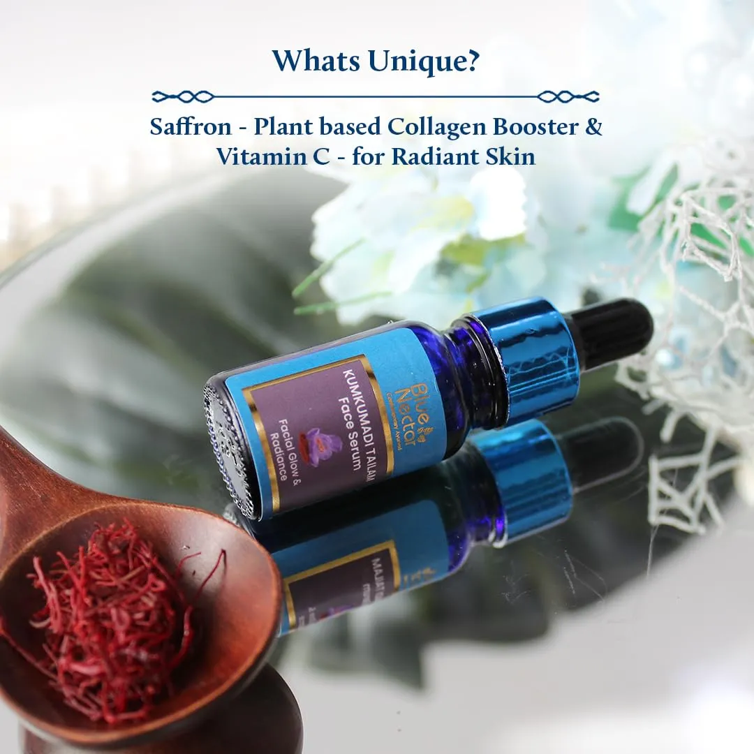 Blue Nectar Saffron & Manjish Face Oil - Original Kumkumadi Oil for Face | Ancient Glow Serum Face Moisturizer for Glowing Skin | Plant-Based Collagen Booster for Women & Men (26 Herbs, 0.33 FlOz)