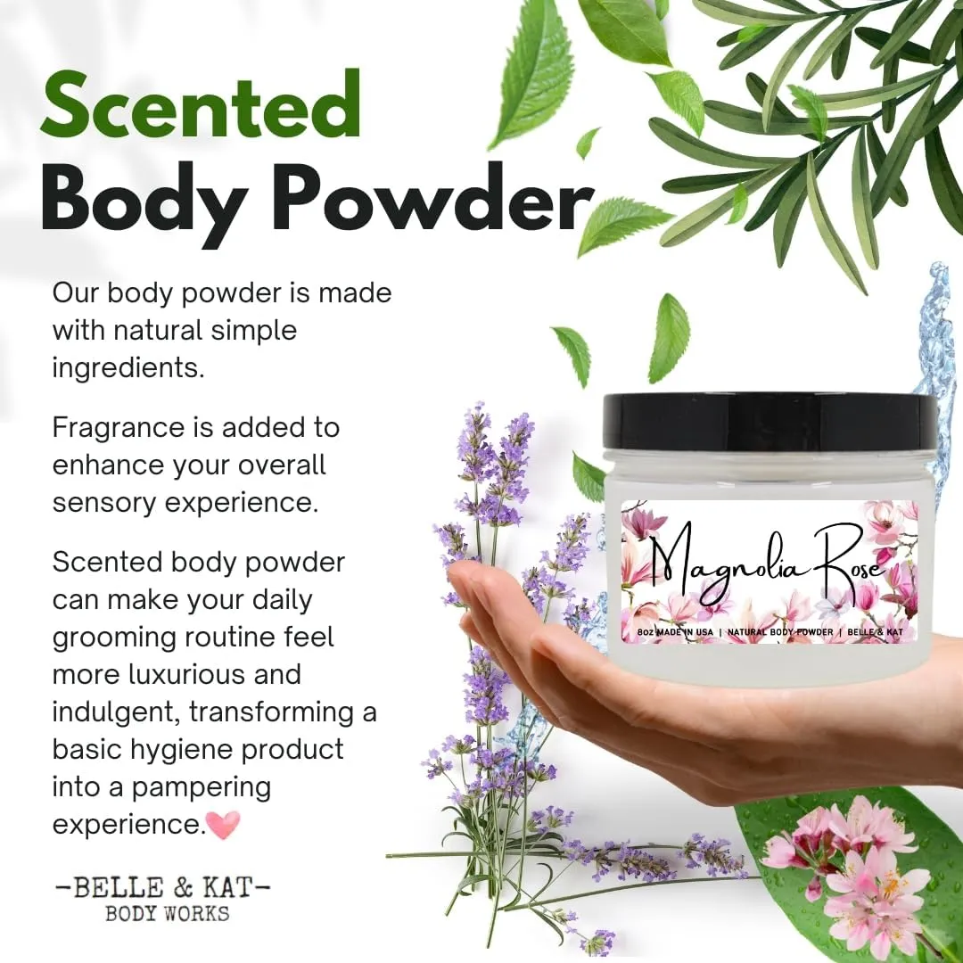 Body Powder for Men & Women Scented Magnolia Rose, Perfume Dusting Powder, Bath Powder with Fragrance & Essential Oils, Talc Free 8oz Container, Made in USA