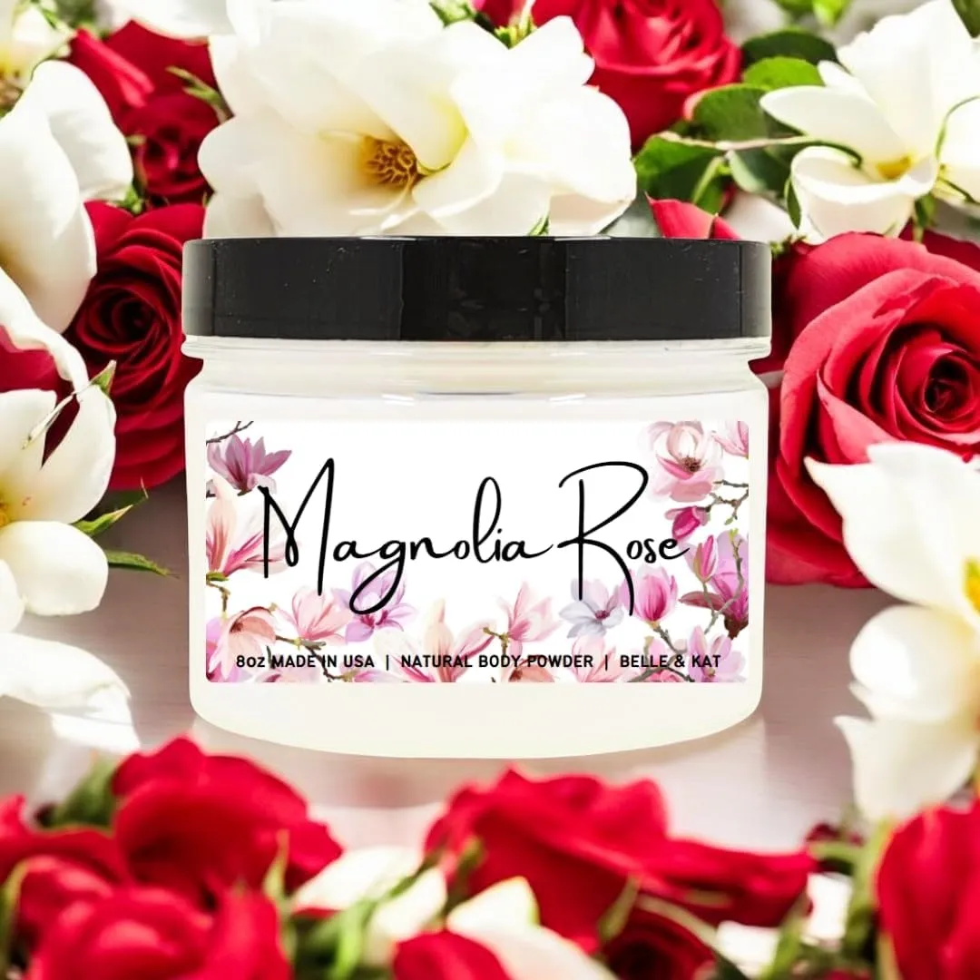 Body Powder for Men & Women Scented Magnolia Rose, Perfume Dusting Powder, Bath Powder with Fragrance & Essential Oils, Talc Free 8oz Container, Made in USA