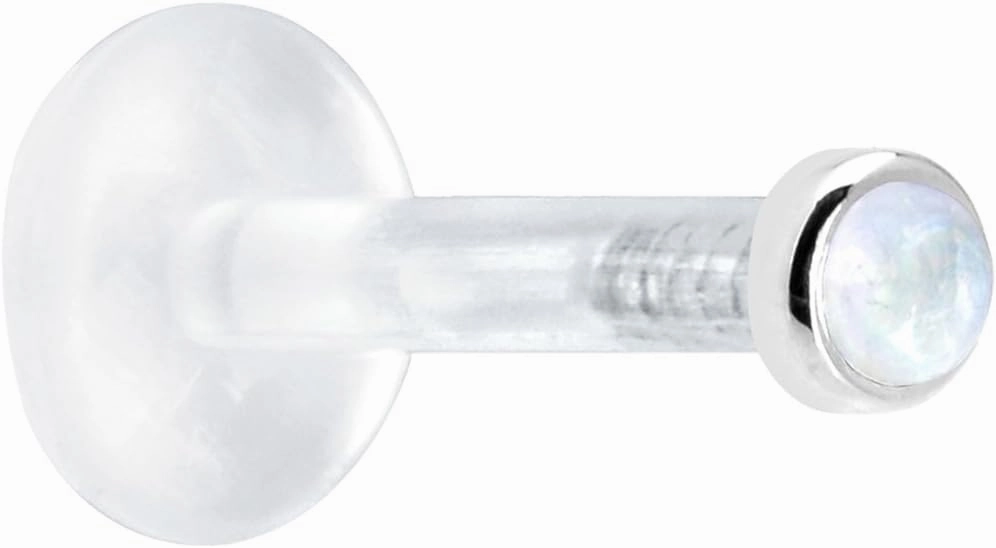 Body Candy Solid 14k White Gold 2mm Genuine Rainbow Moonstone Bioplast Push in Labret 14 Gauge 3/8"