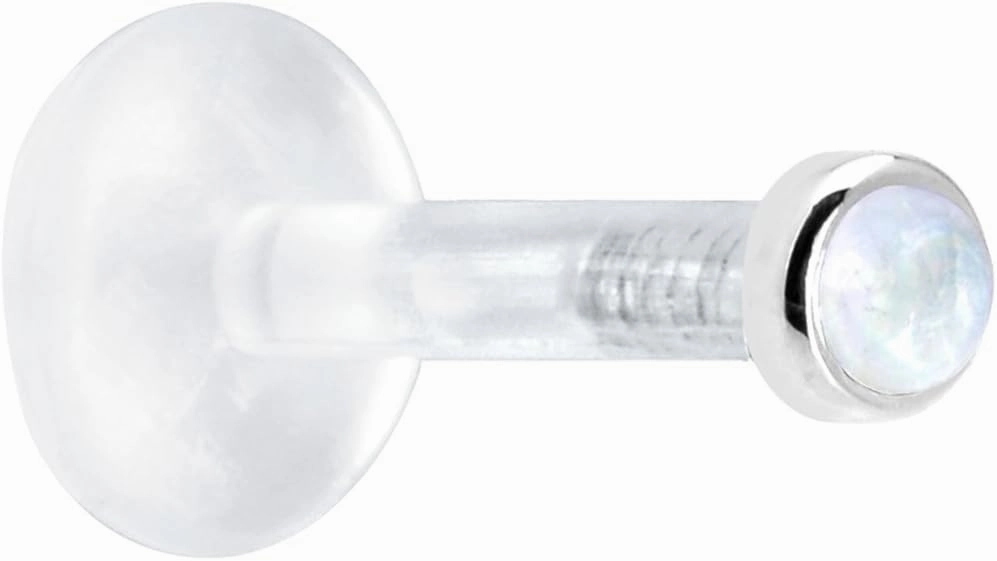 Body Candy Solid 14k White Gold 2mm Genuine Rainbow Moonstone Bioplast Push in Labret 14 Gauge 5/16"