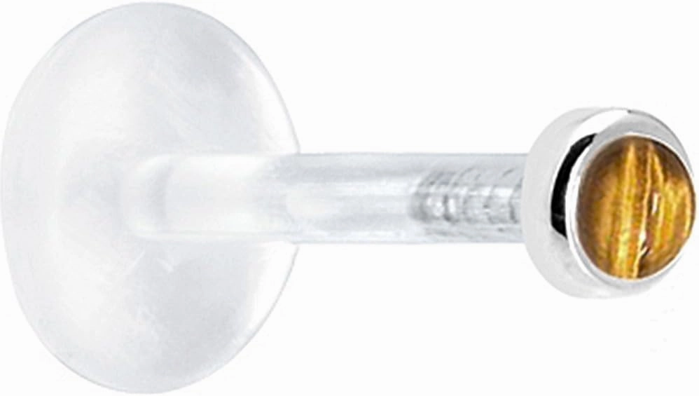 Body Candy Solid 14k White Gold 2mm Genuine Tiger Eye Bioplast Push in Labret 16 Gauge 1/4"