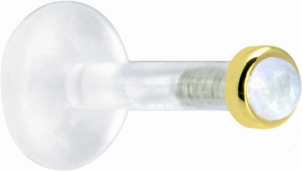 Body Candy Solid 14k Yellow Gold 2mm Genuine Rainbow Moonstone Bioplast Push in Labret 14 Gauge 5/16"