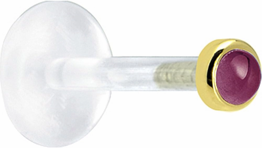 Body Candy Solid 14k Yellow Gold 2mm Genuine Rhodolite Garnet Bioplast Push in Labret 16 Gauge 1/4"