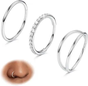 BodyBonita 3pcs Nose Rings Hoops - 316L Surgical Steel Double Hoop Nose Rings 14G/16G/18G/20G Hinged CZ Piercing Jewelry Septum Clicker Rings Cartilage Earring Helix Rook Tragus Daith 7mm/8mm/9mm/10mm