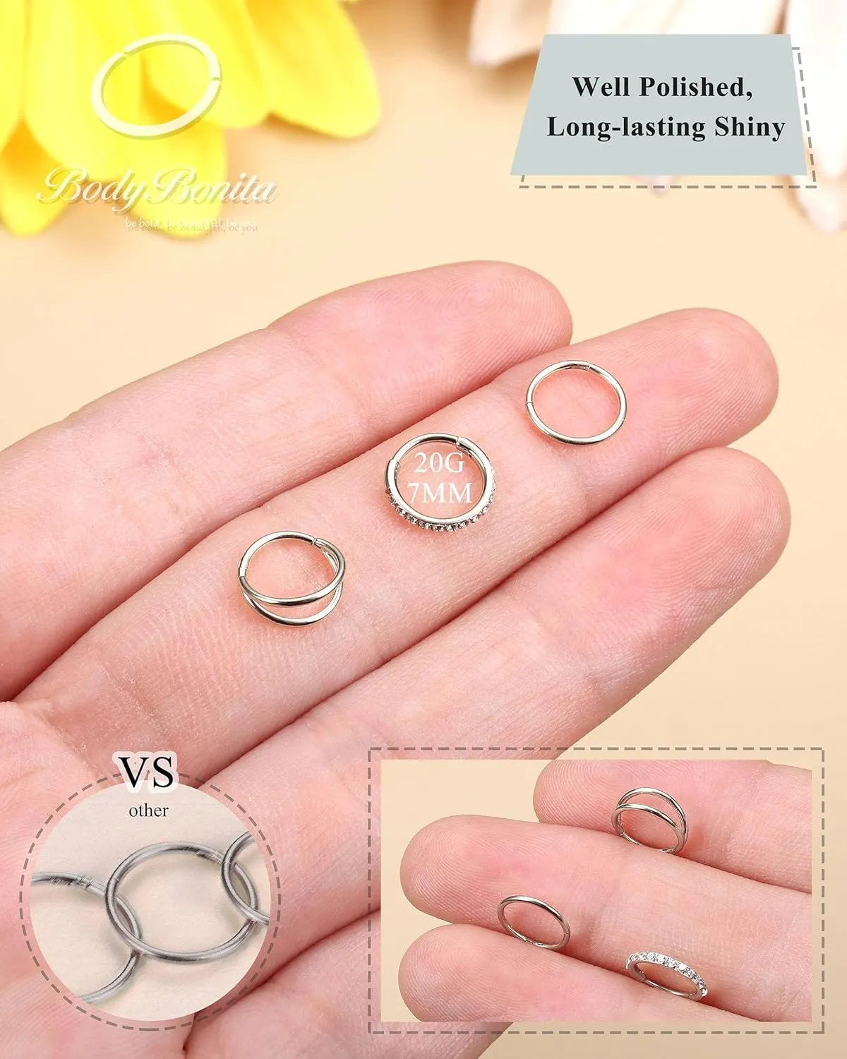 BodyBonita 3pcs Nose Rings Hoops - 316L Surgical Steel Double Hoop Nose Rings 14G/16G/18G/20G Hinged CZ Piercing Jewelry Septum Clicker Rings Cartilage Earring Helix Rook Tragus Daith 7mm/8mm/9mm/10mm