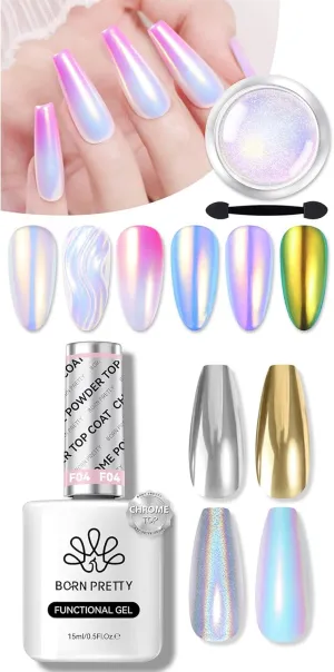 BORN PRETTY Chrome Nail Powder with Top Gel Coat for Chrome Nail Powder