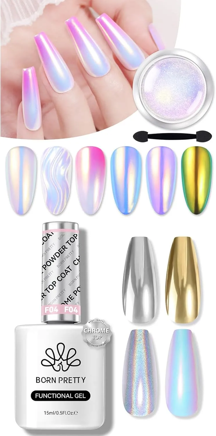 BORN PRETTY Chrome Nail Powder with Top Gel Coat for Chrome Nail Powder