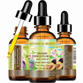 Botanical Beauty Organic French PLUM OIL 100% Pure Natural VIRGIN UNREFINED Cold-Pressed Carrier Oil 1 Fl oz 30 ml for Face, Skin, Body, Hair, Lip, Nails. Rich in Vitamin E, Omega 6, Omega 9