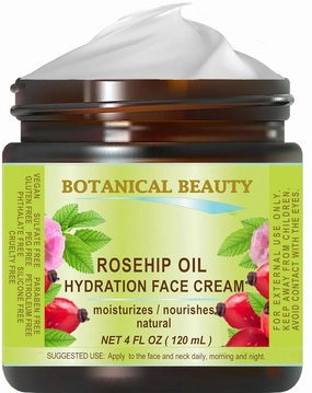 Botanical Beauty ROSEHIP OIL HYDRATION FACE CREAM. For Normal - Dry - Sensitive Skin. Moisturized and nourished 4 Fl. oz. - 120 ml.