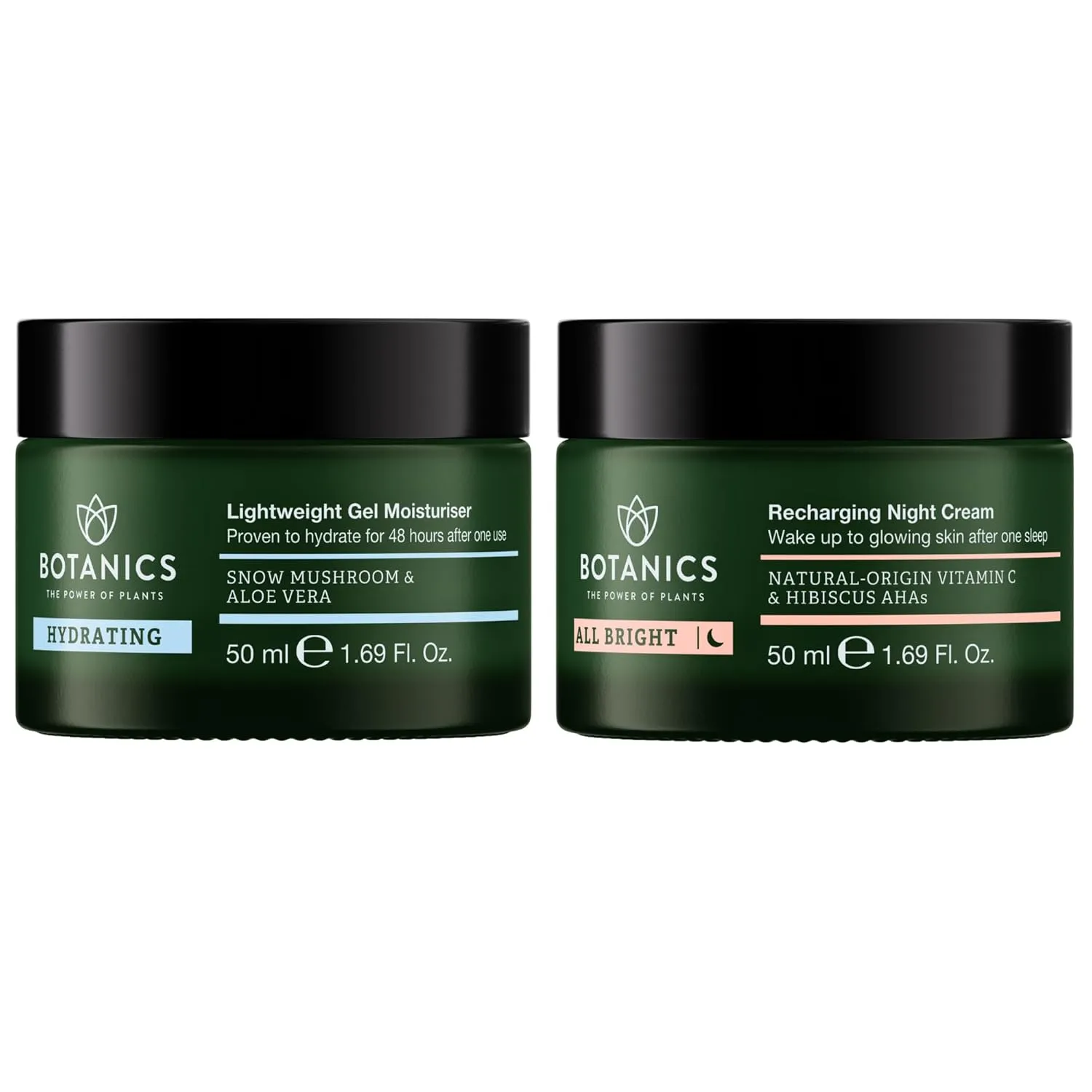Botanics Lightweight Face Moisturizer & Recharging Night Cream for Women & Men - for Hydrated, Glowing Skin - Enriched with Snow Mushroom, Aloe Vera & Hibiscus AHA - Vegan & Cruelty-Free