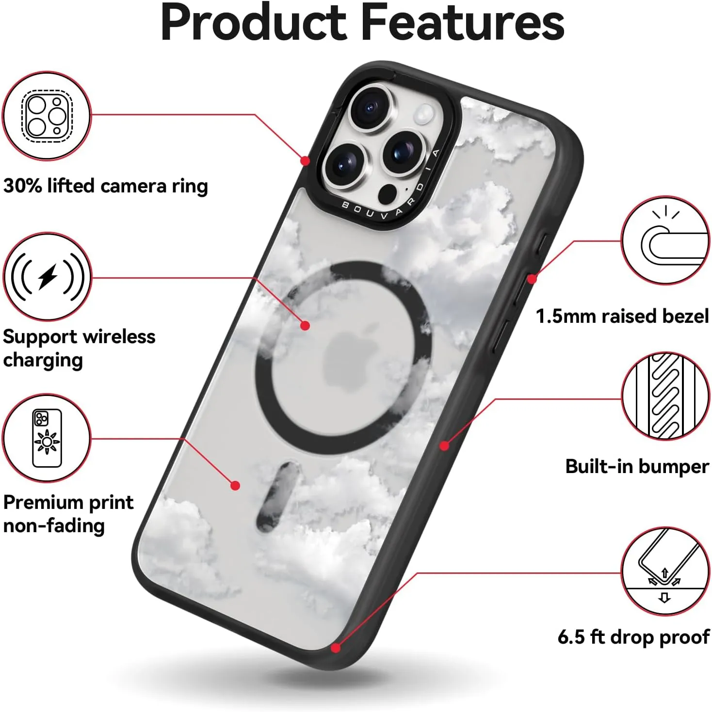 Bouvardia for iPhone 13 Pro Case Cute Aesthetic Magnetic,[Compatible with Magsafe] Shockproof Military Grade Protection,Girly Design for Women Girls,Retro Boho White Cloud Cartoon Pattern