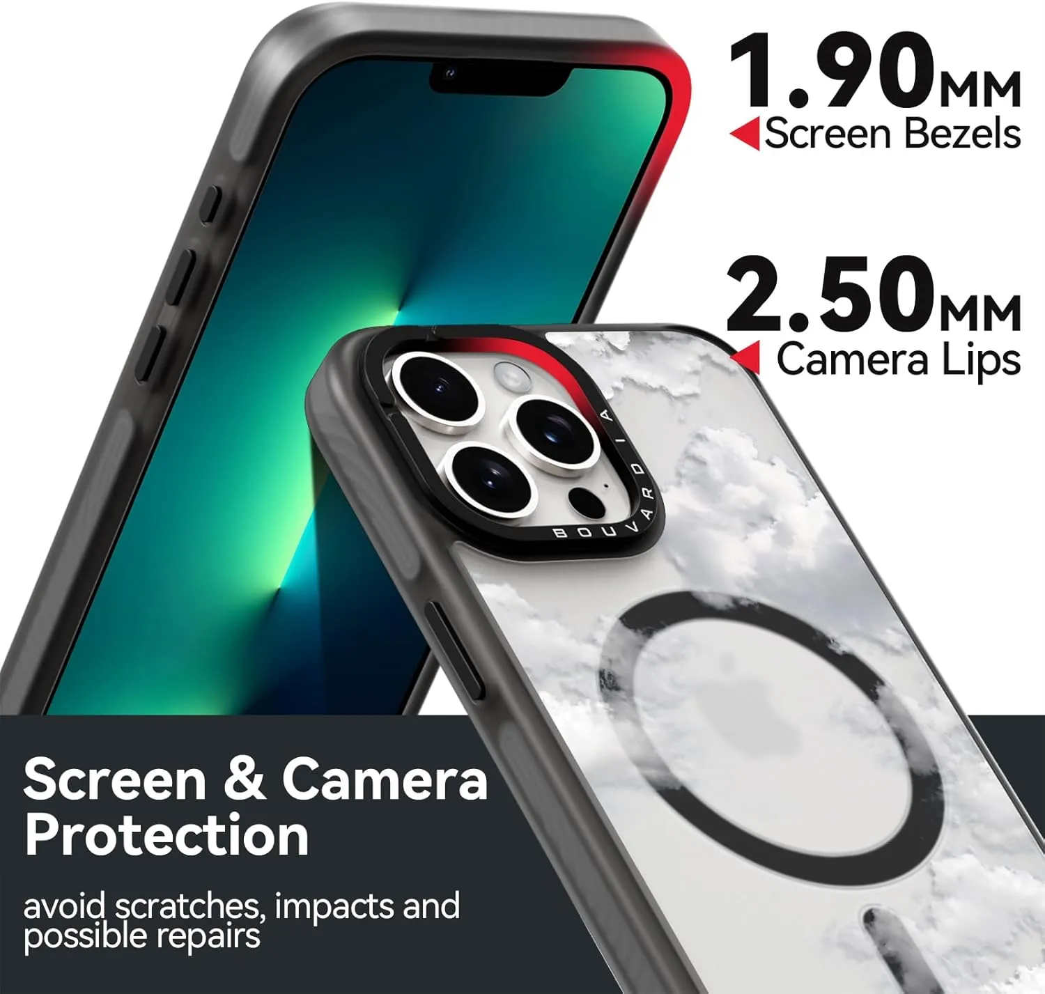 Bouvardia for iPhone 13 Pro Case Cute Aesthetic Magnetic,[Compatible with Magsafe] Shockproof Military Grade Protection,Girly Design for Women Girls,Retro Boho White Cloud Cartoon Pattern