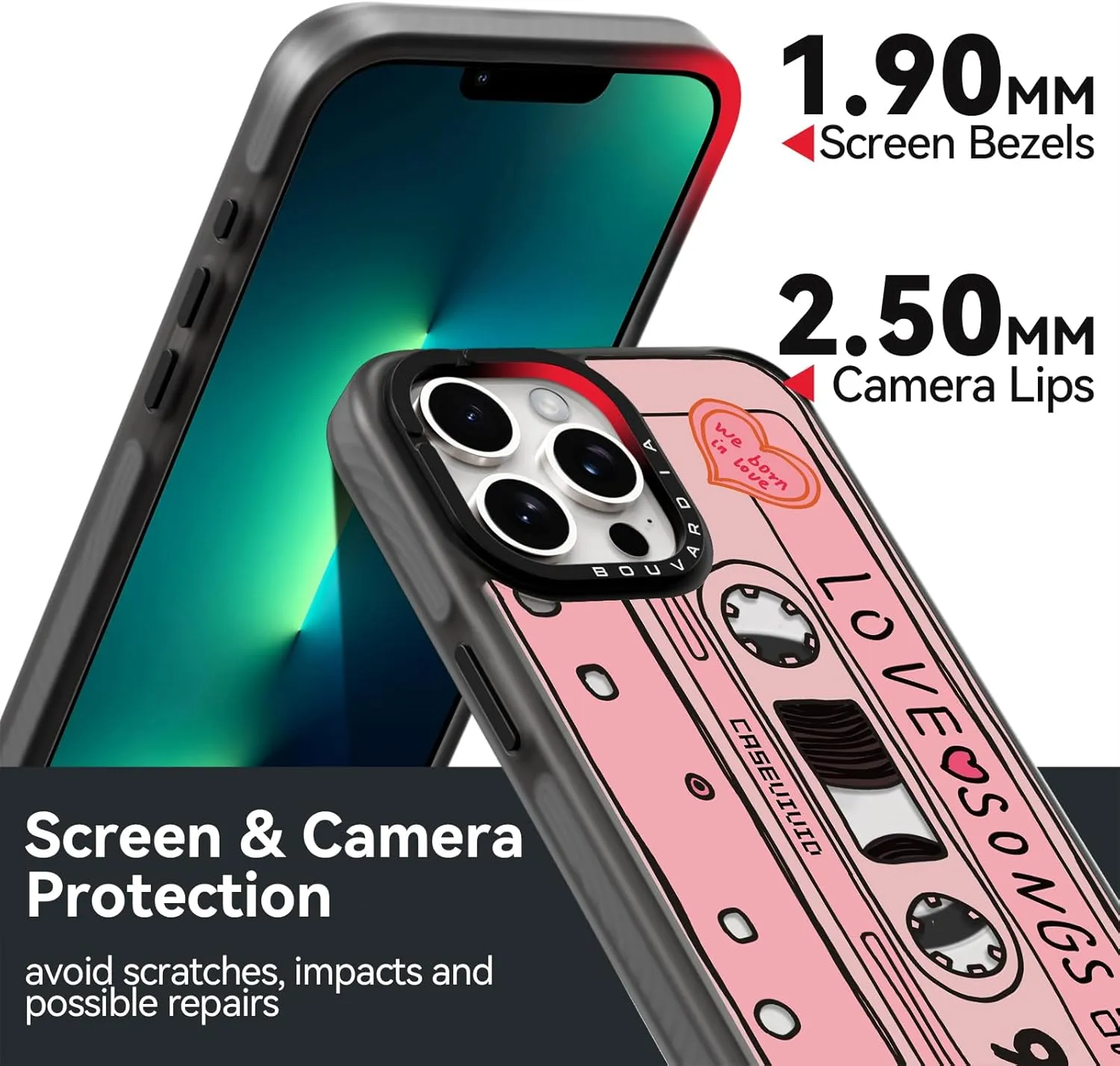 Bouvardia for iPhone 13 Pro Case Cute Aesthetic Magnetic,[Compatible with Magsafe] Shockproof Military Grade Protection,Girly Design for Women Girls,Retro Love Cassette Tape Cartoon Pattern