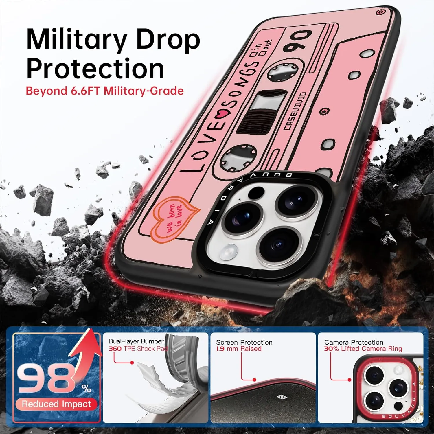 Bouvardia for iPhone 13 Pro Case Cute Aesthetic Magnetic,[Compatible with Magsafe] Shockproof Military Grade Protection,Girly Design for Women Girls,Retro Love Cassette Tape Cartoon Pattern