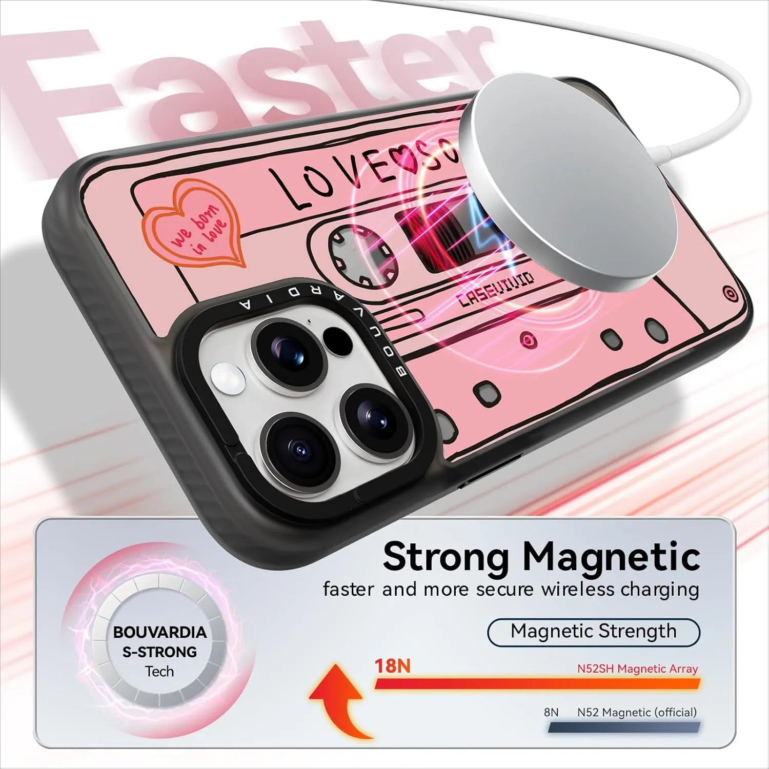 Bouvardia for iPhone 13 Pro Case Cute Aesthetic Magnetic,[Compatible with Magsafe] Shockproof Military Grade Protection,Girly Design for Women Girls,Retro Love Cassette Tape Cartoon Pattern