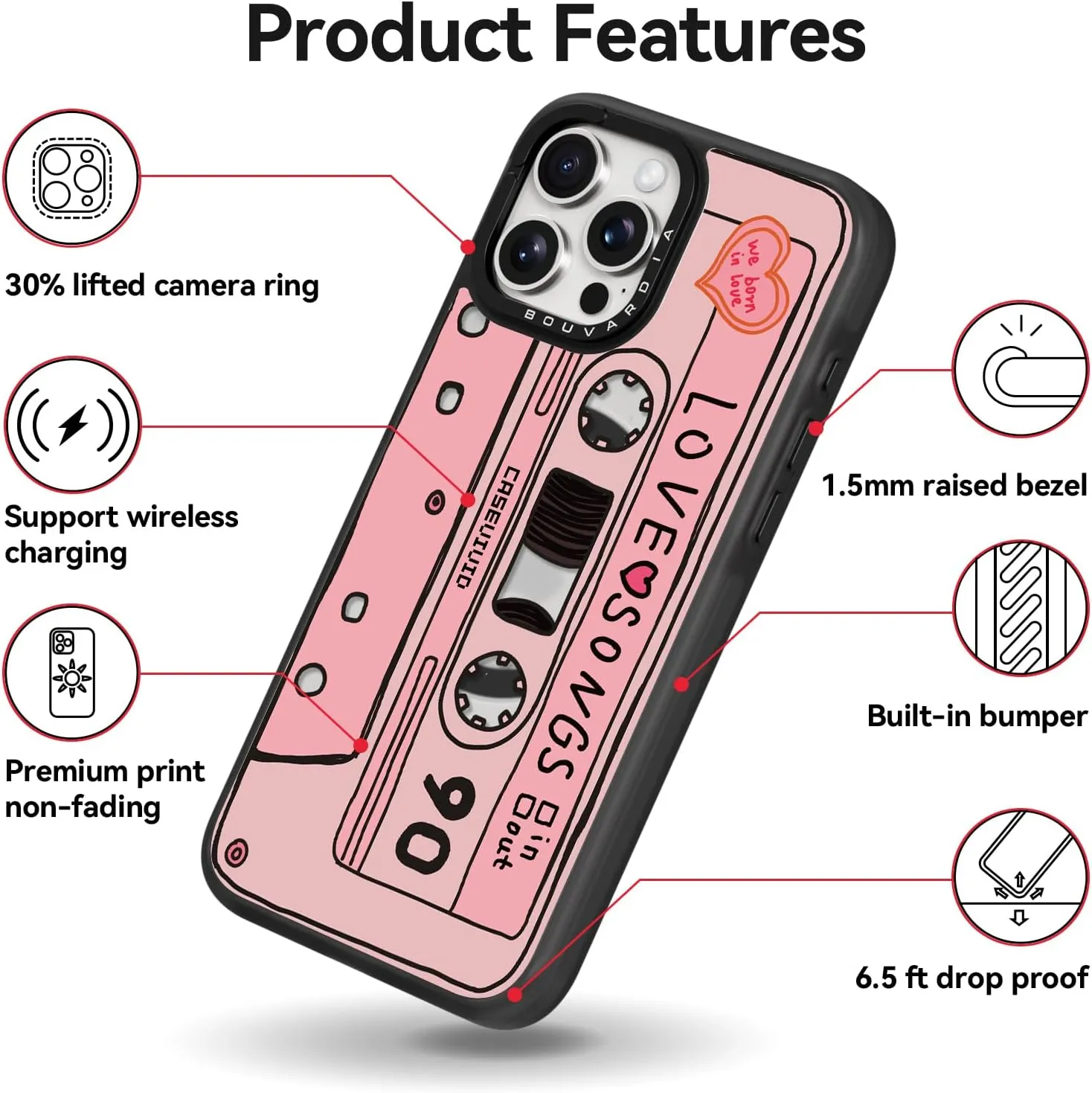Bouvardia for iPhone 13 Pro Case Cute Aesthetic Magnetic,[Compatible with Magsafe] Shockproof Military Grade Protection,Girly Design for Women Girls,Retro Love Cassette Tape Cartoon Pattern