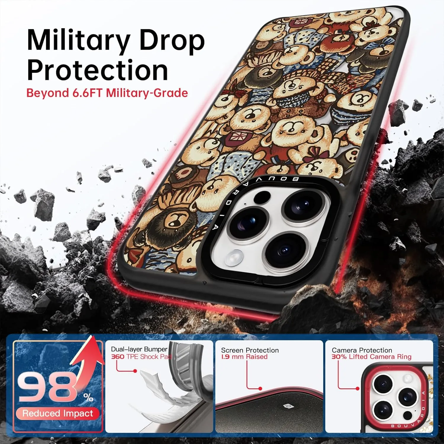 Bouvardia for iPhone 13 Pro Case Cute Aesthetic Magnetic,[Compatible with Magsafe] Shockproof Military Grade Protection,Girly Design for Women Girls,Retro Teddy Bear Doll Cartoon Pattern
