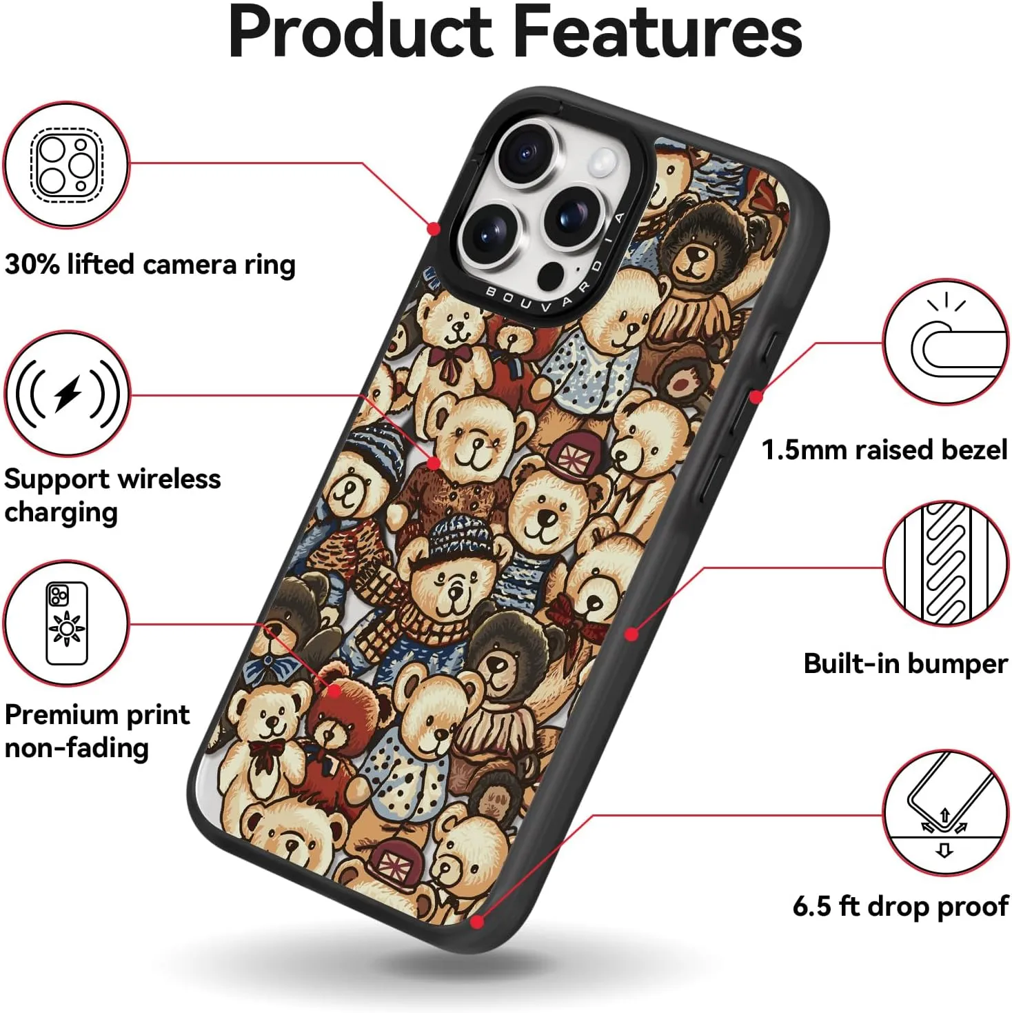 Bouvardia for iPhone 13 Pro Case Cute Aesthetic Magnetic,[Compatible with Magsafe] Shockproof Military Grade Protection,Girly Design for Women Girls,Retro Teddy Bear Doll Cartoon Pattern