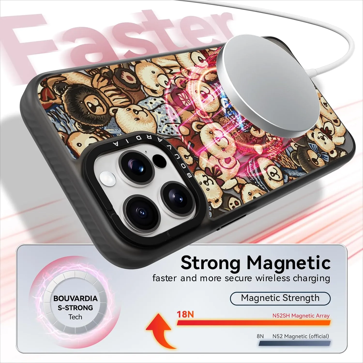 Bouvardia for iPhone 13 Pro Case Cute Aesthetic Magnetic,[Compatible with Magsafe] Shockproof Military Grade Protection,Girly Design for Women Girls,Retro Teddy Bear Doll Cartoon Pattern