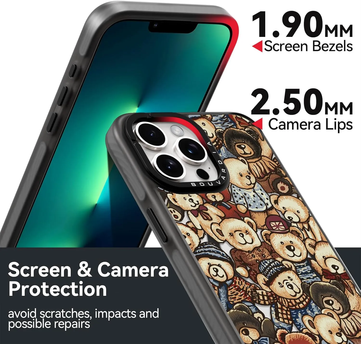 Bouvardia for iPhone 13 Pro Case Cute Aesthetic Magnetic,[Compatible with Magsafe] Shockproof Military Grade Protection,Girly Design for Women Girls,Retro Teddy Bear Doll Cartoon Pattern