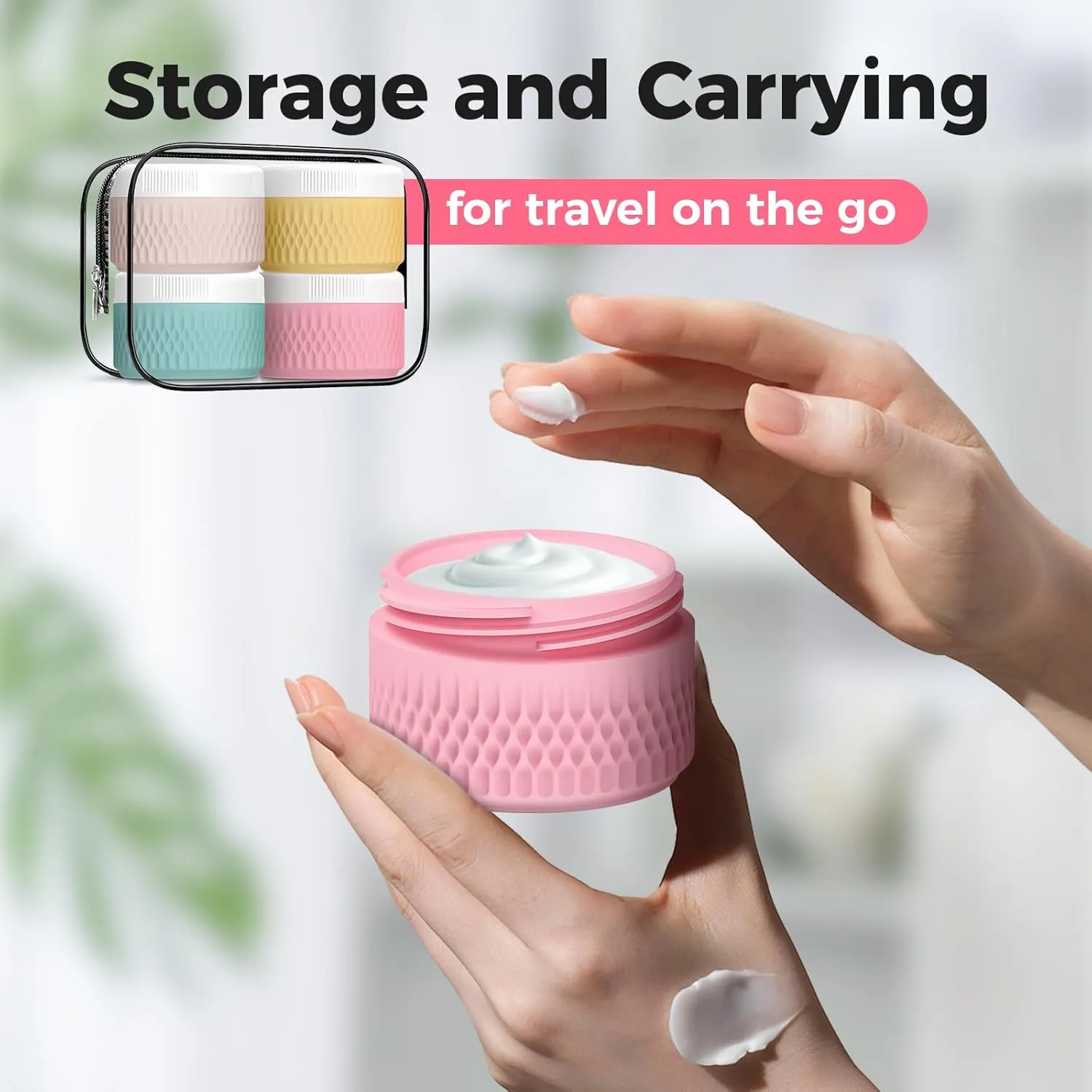 BPA Free Silicone Cream Jars - TSA Approved 3oz Travel Size Containers, Leak-proof with Lid for Cosmetic, Face, Hand, Body Glitters