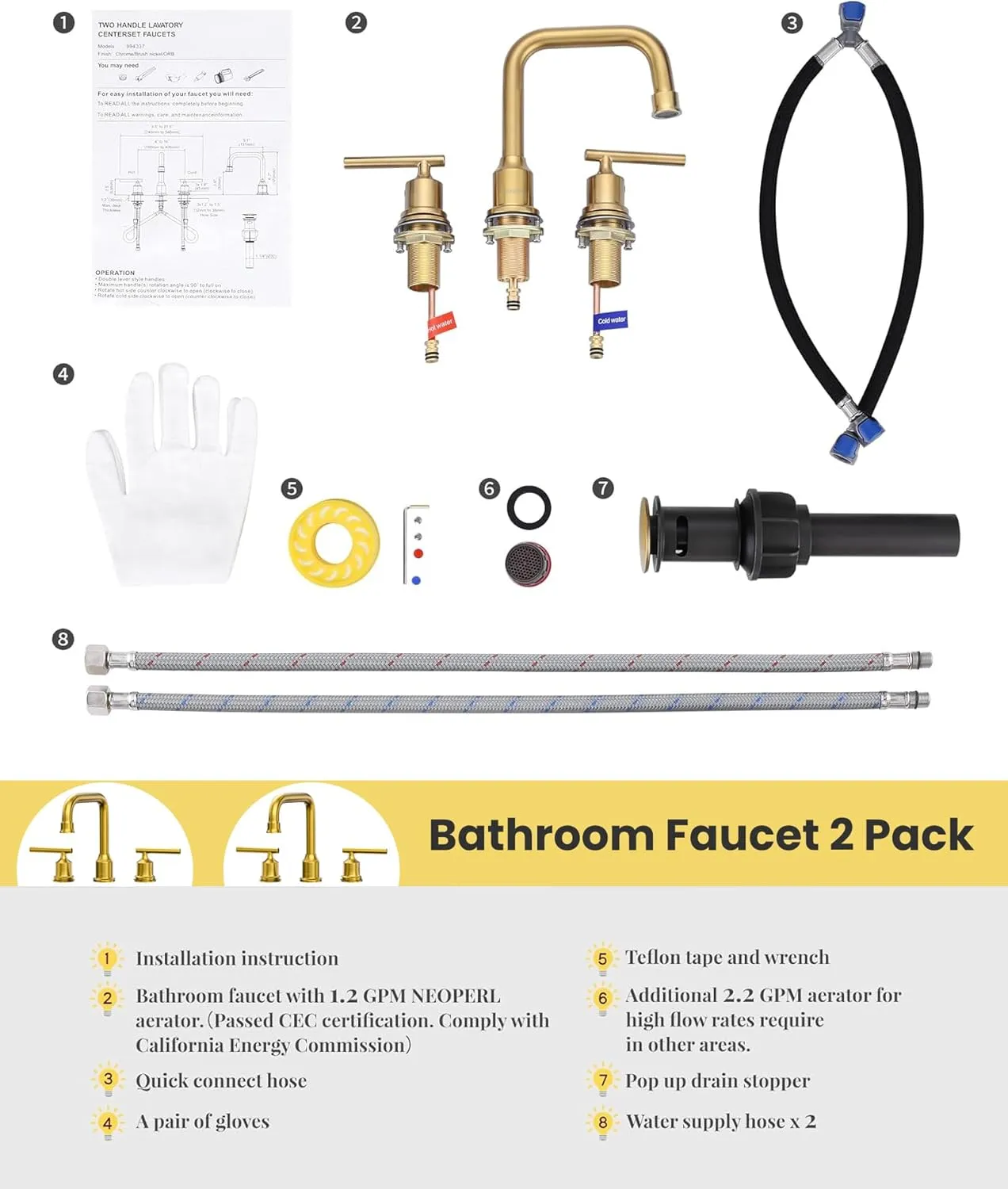 Brushed Gold Bathroom Faucet Set: WOWOW Widespread Bathroom Sink Faucet 3 Hole with Pop-up Drain and Supply Lines, 8 Inch Vanity Faucet 3 Pieces Basin Tap 2 Handle Modern (Set of 2)