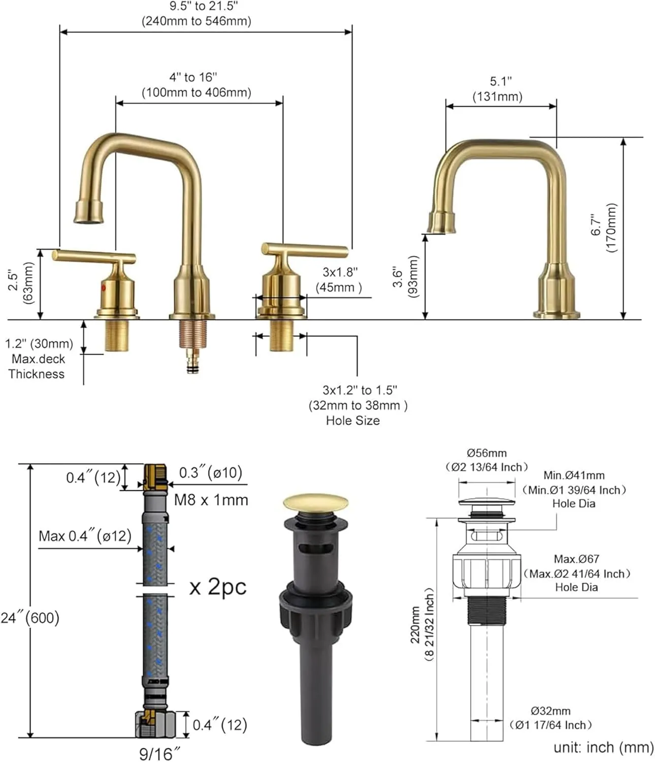 Brushed Gold Bathroom Faucet Set: WOWOW Widespread Bathroom Sink Faucet 3 Hole with Pop-up Drain and Supply Lines, 8 Inch Vanity Faucet 3 Pieces Basin Tap 2 Handle Modern (Set of 2)