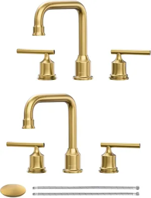 Brushed Gold Bathroom Faucet Set: WOWOW Widespread Bathroom Sink Faucet 3 Hole with Pop-up Drain and Supply Lines, 8 Inch Vanity Faucet 3 Pieces Basin Tap 2 Handle Modern (Set of 2)
