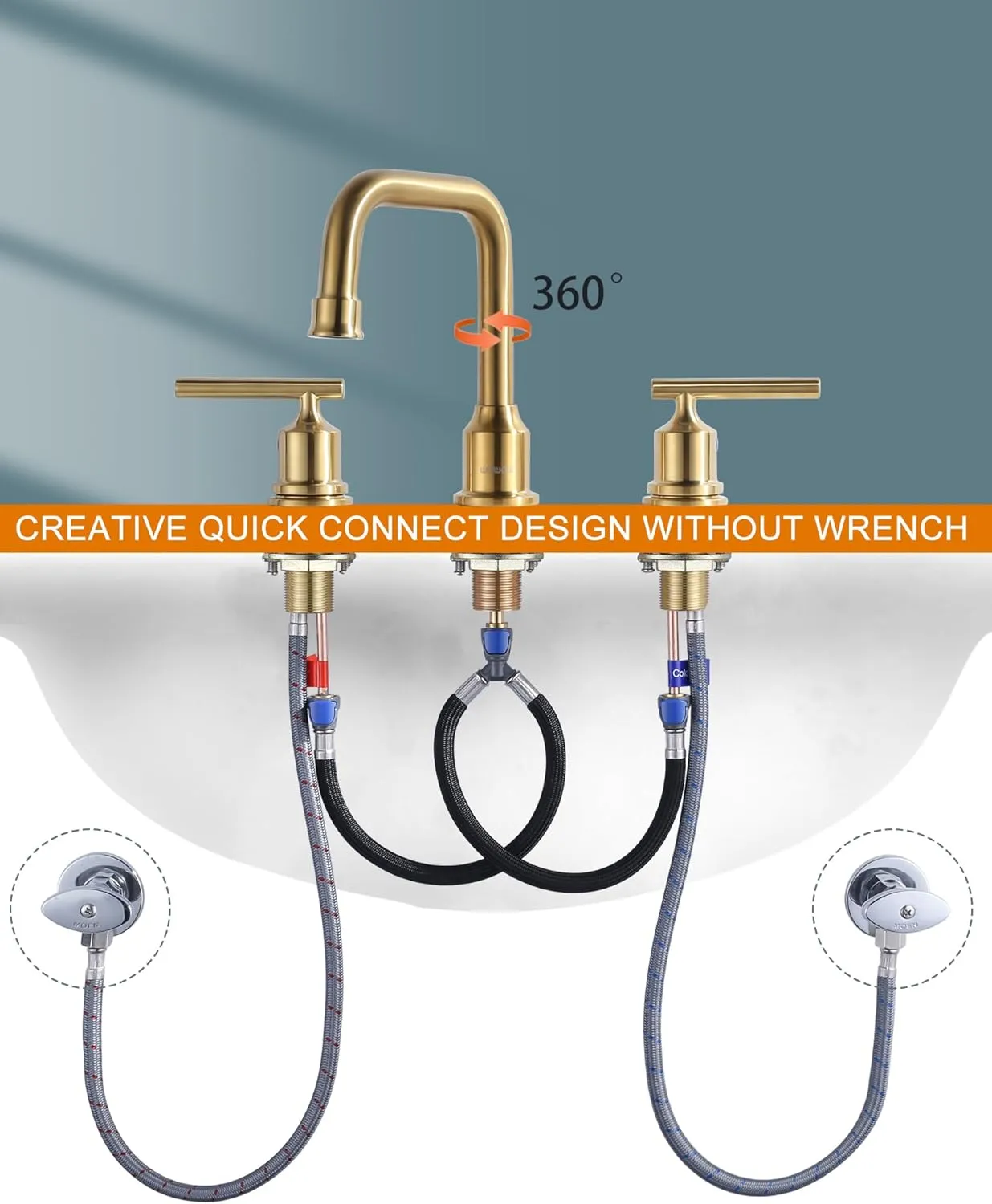 Brushed Gold Bathroom Faucet Set: WOWOW Widespread Bathroom Sink Faucet 3 Hole with Pop-up Drain and Supply Lines, 8 Inch Vanity Faucet 3 Pieces Basin Tap 2 Handle Modern (Set of 2)