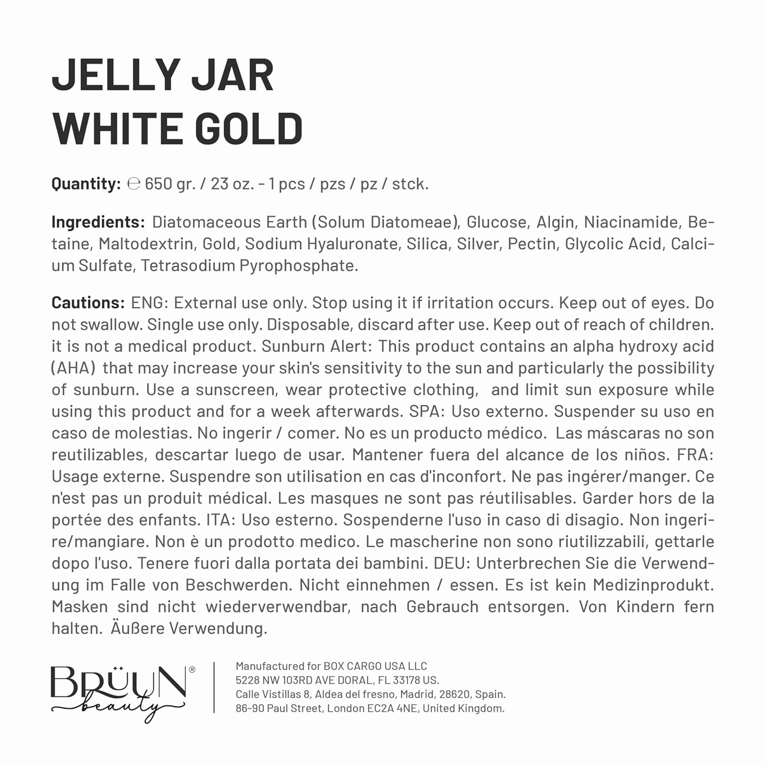 BRÜUN Jelly Mask Jar White Gold Glycolic AC AHA Peel-Off Face Care Rubber Mask | 23 fl oz Skin Care Moisturizing Gel Mask Jar Spa Set