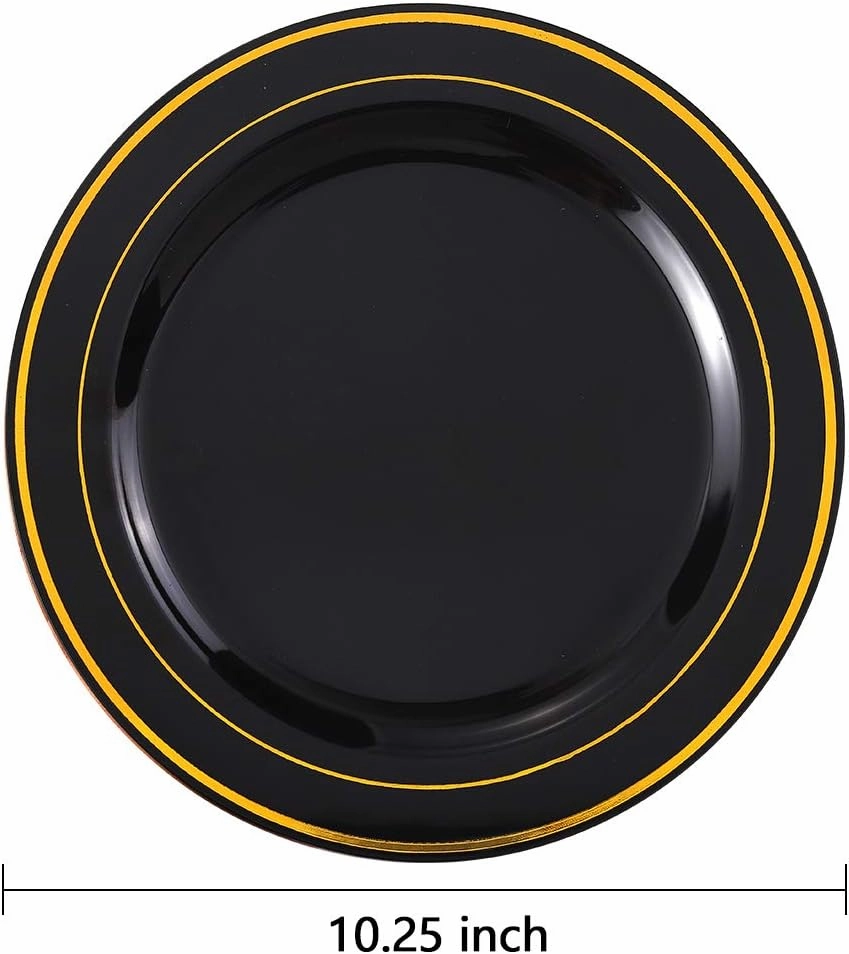 bUCLA 100 Pieces Black and Gold Plastic Dinner Plates - 10.25 inch Black Disposable Plates with Gold Rim - Ideal for Party, Graduation & Fathers Day