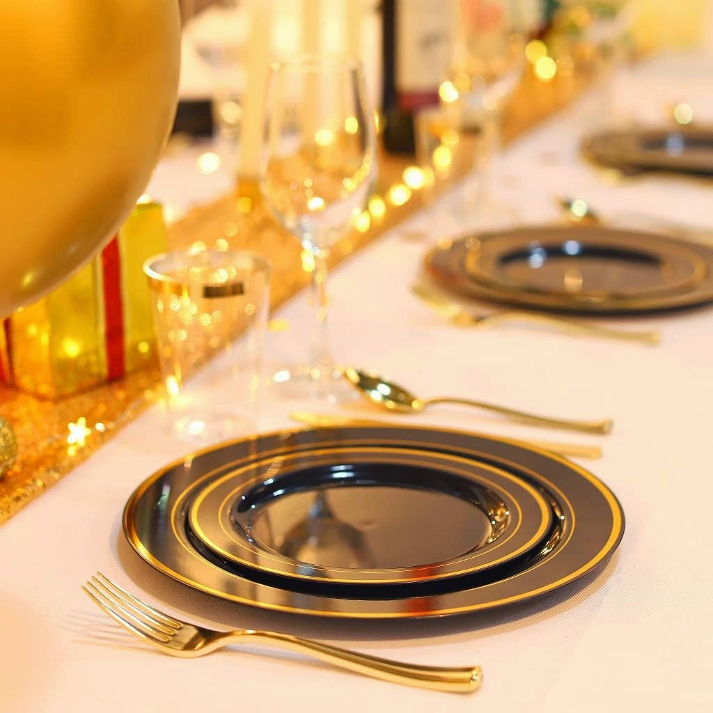 bUCLA 100 Pieces Black and Gold Plastic Dinner Plates - 10.25 inch Black Disposable Plates with Gold Rim - Ideal for Party, Graduation & Fathers Day