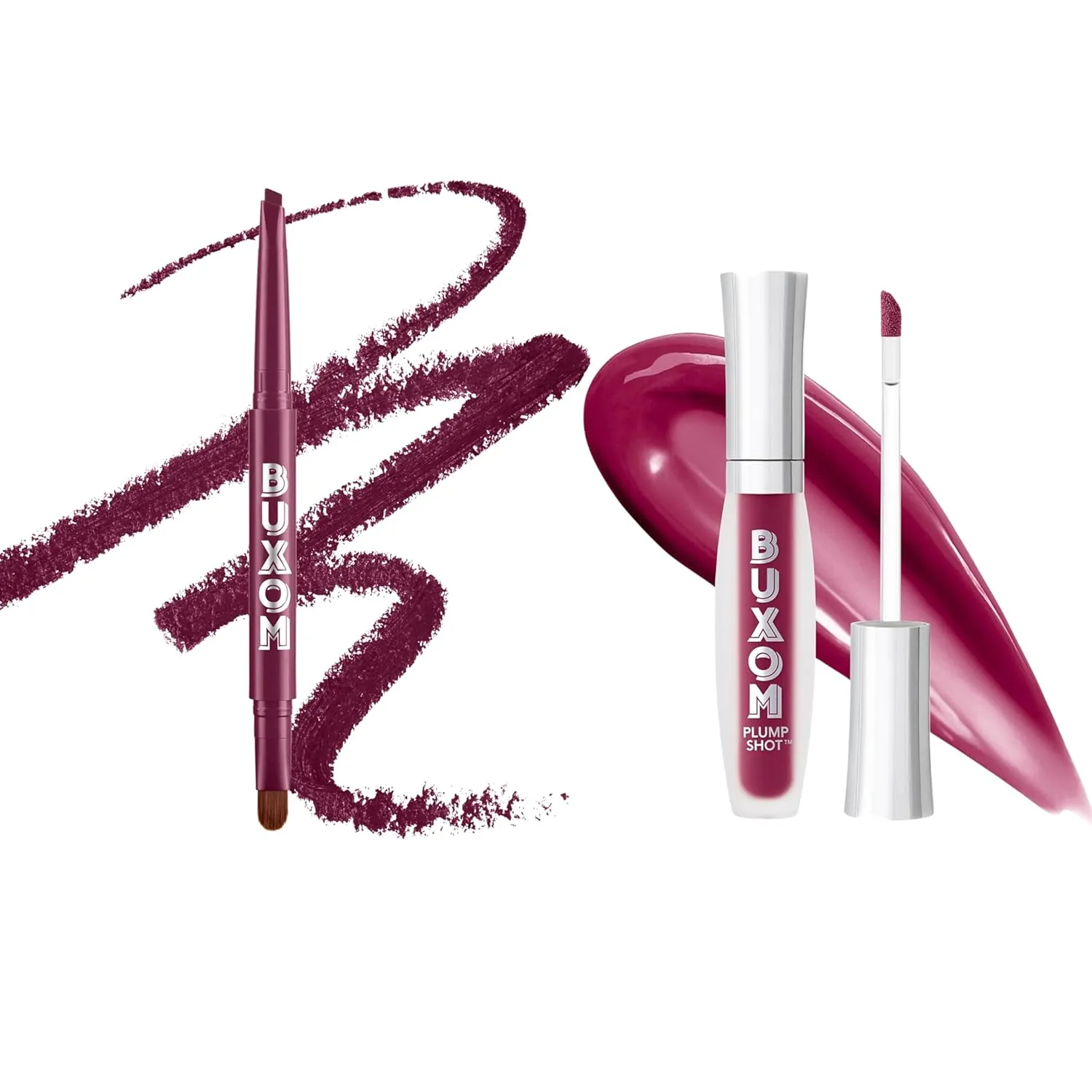 Buxom Plump Shot Collagen-Infused Lip Serum in Plum Power   Power Line Plumping Lip Liner in Powerful Plum