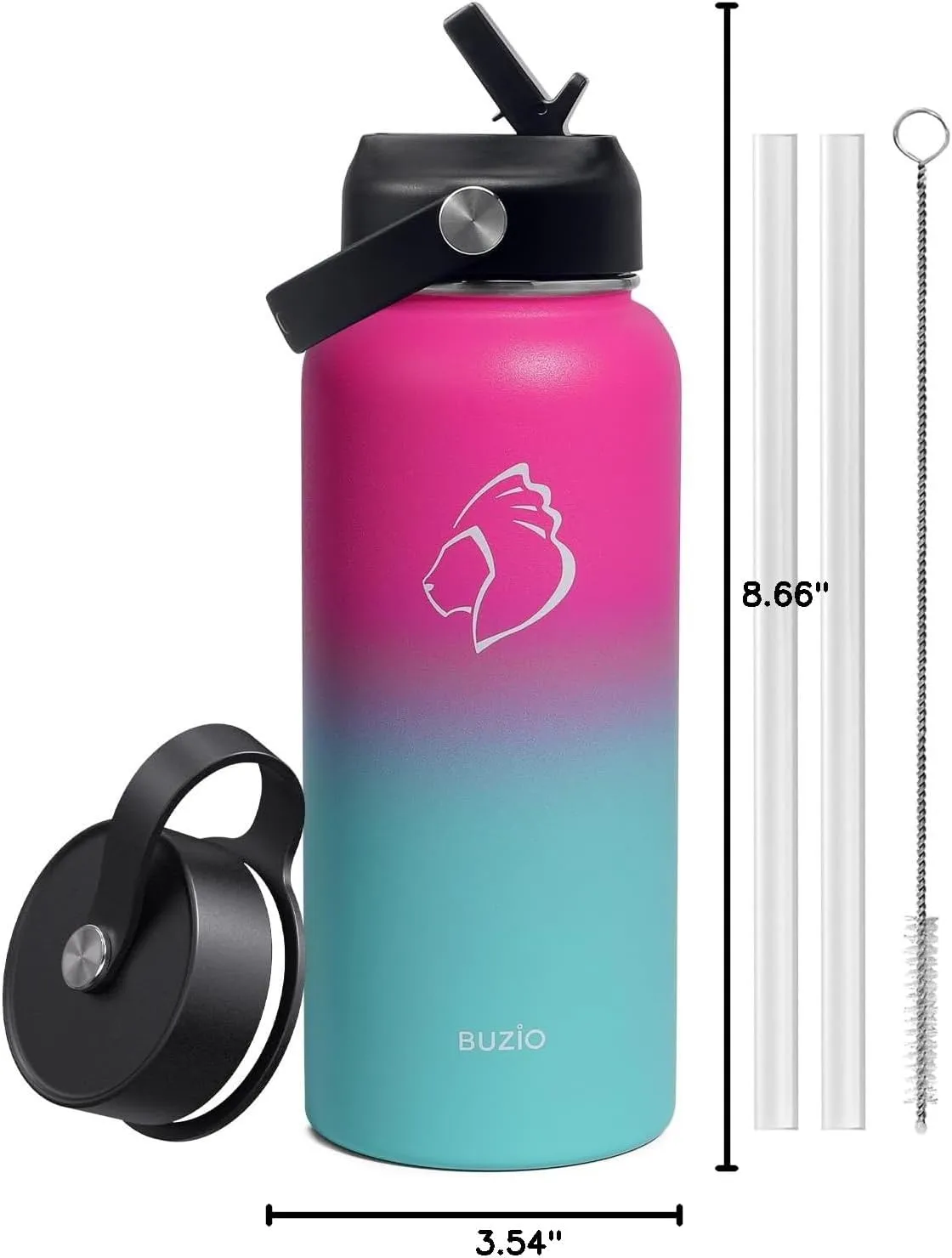 BUZIO Insulated Water Bottle with Straw Lid and Flex Cap, 32oz Double Wall Vacuum Stainless Steel Thermo with Wide Mouth Lid, Cold 48 Hrs Hot 24 Hrs Sweat Proof Flask, Rose and Green