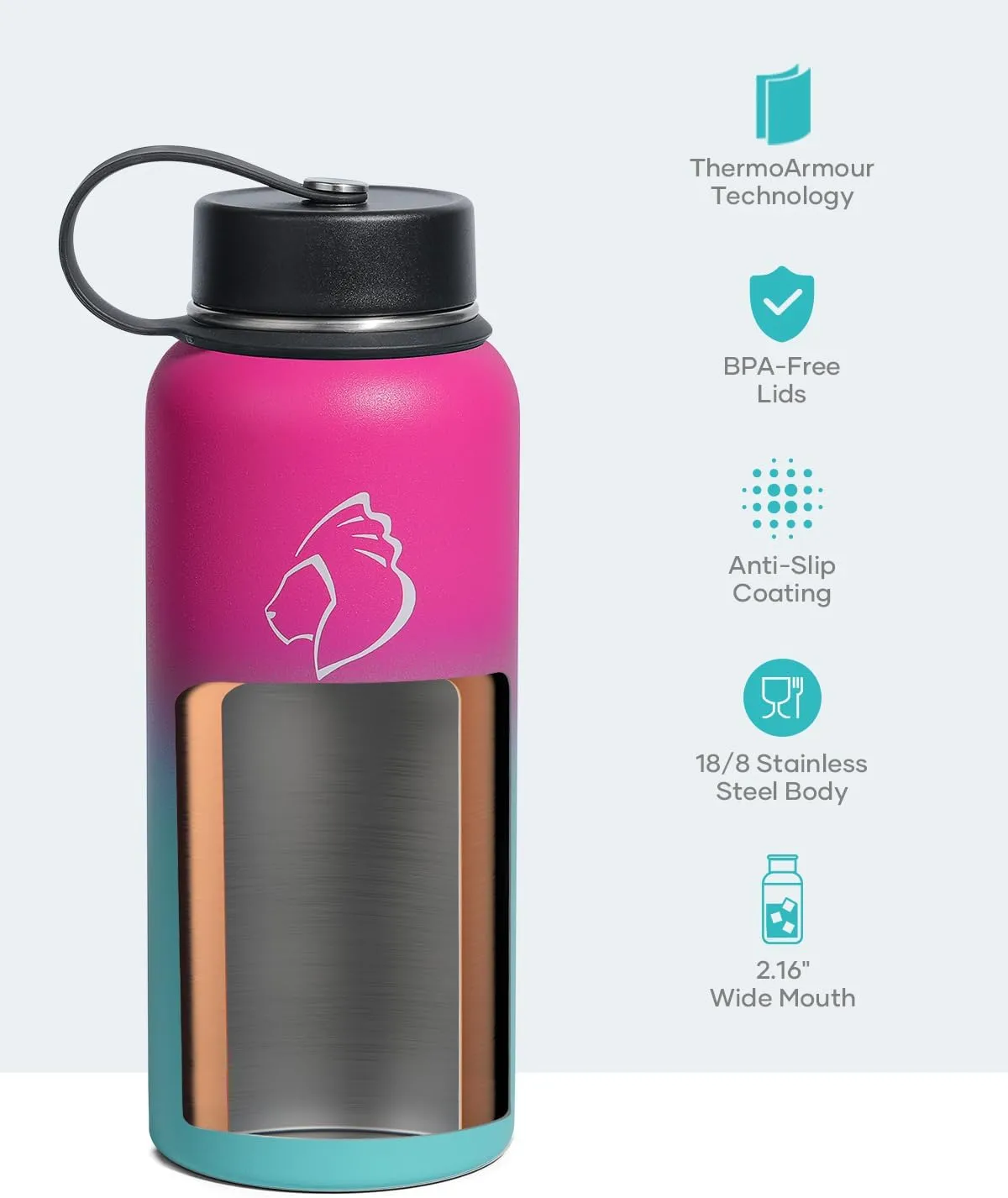 BUZIO Insulated Water Bottle with Straw Lid and Flex Cap, 32oz Double Wall Vacuum Stainless Steel Thermo with Wide Mouth Lid, Cold 48 Hrs Hot 24 Hrs Sweat Proof Flask, Rose and Green