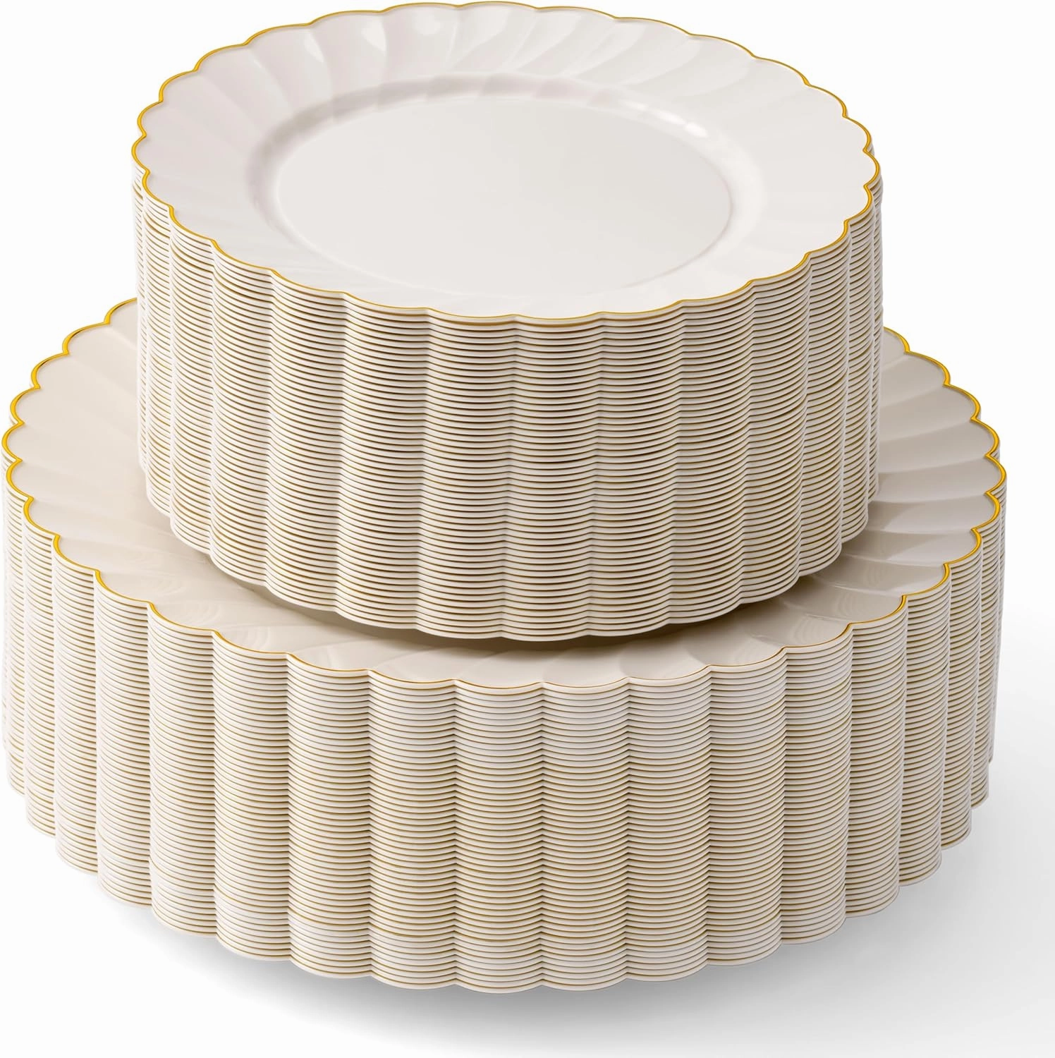 By Madee HEAVYWEIGHT 100 Pc Ivory Scalloped Plastic Plates with Gold Trim | Elegant Disposable Dinnerware Set | Perfect as Wedding Plates, Baby & Bridal Shower or Nice Special Moments (50 Guests)
