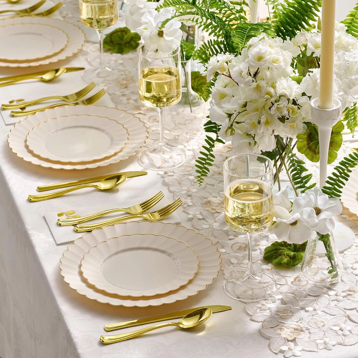 By Madee HEAVYWEIGHT 100 Pc Ivory Scalloped Plastic Plates with Gold Trim | Elegant Disposable Dinnerware Set | Perfect as Wedding Plates, Baby & Bridal Shower or Nice Special Moments (50 Guests)