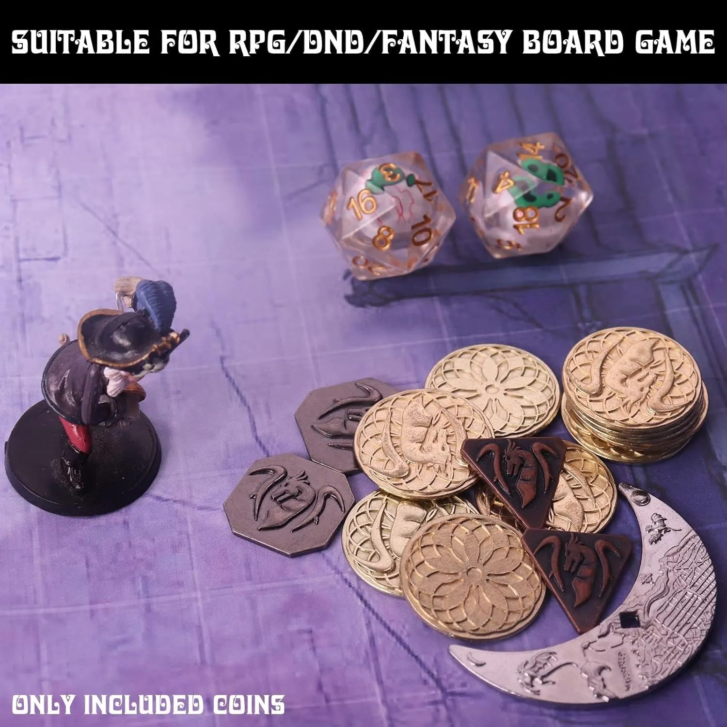 Byhoo 145 PCS Metal DND Coins & Leather Bag, Contains 60 Gold Coins, 40 Sliver Coins, 40 Copper Coins and 5 Platinum Coins, Tokens with Glow in The Night Eyes Bag for RPG Tablelap Games