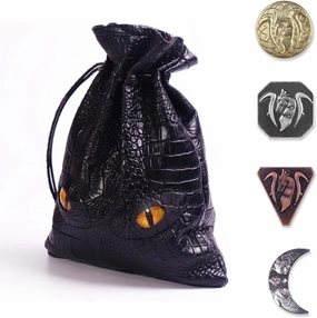 Byhoo 145 PCS Metal DND Coins & Leather Bag, Contains 60 Gold Coins, 40 Sliver Coins, 40 Copper Coins and 5 Platinum Coins, Tokens with Glow in The Night Eyes Bag for RPG Tablelap Games