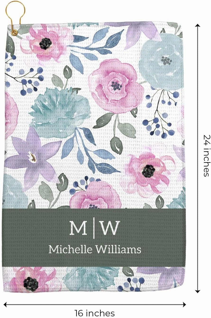 Canopy Street Personalized Modern Pastel Floral Golf Towel/Custom 16" x 24" Microfiber Golfing Towel with Gold Fastener/Mother Grandmother Boss Retirement Golfer Accessory Present