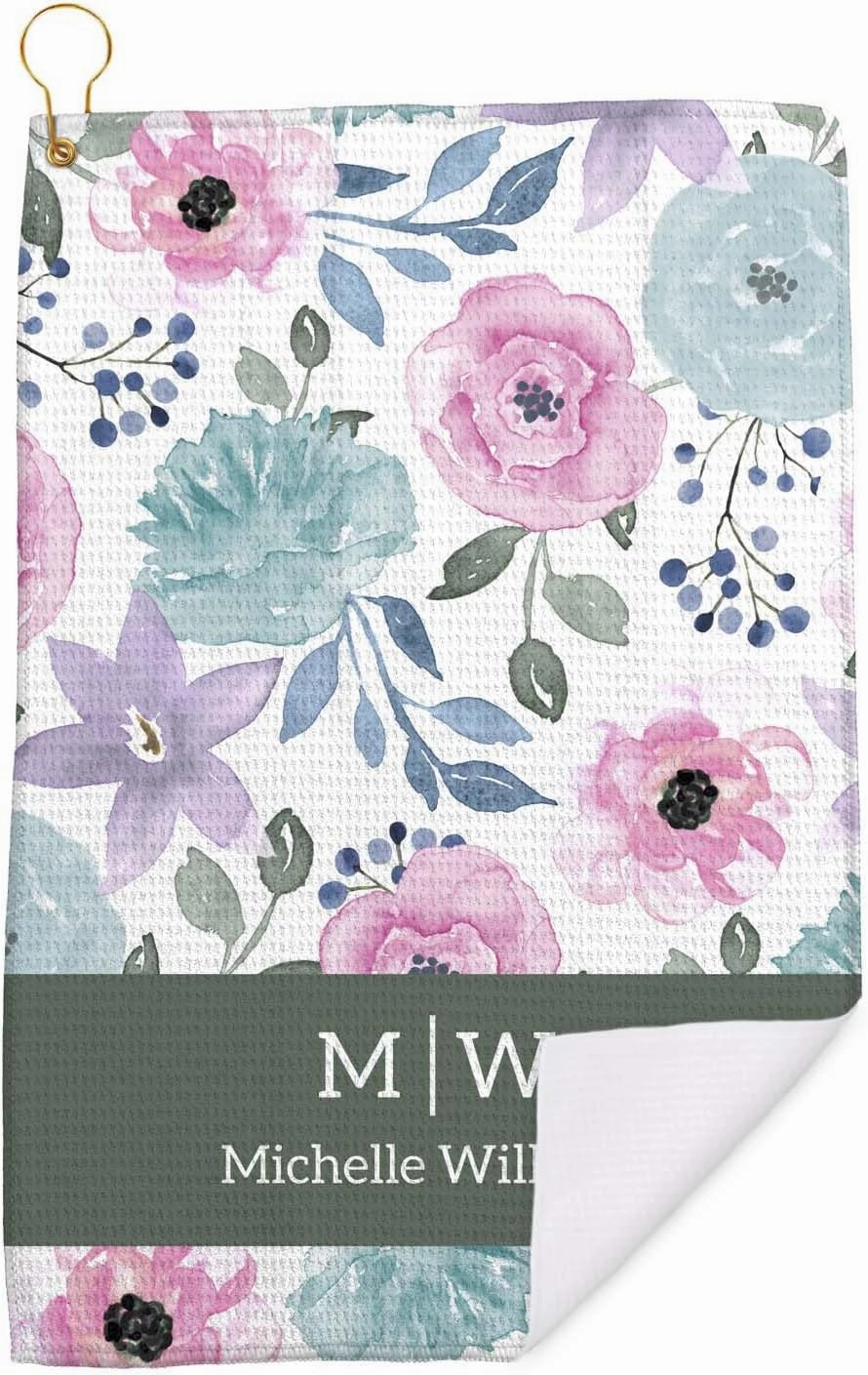 Canopy Street Personalized Modern Pastel Floral Golf Towel/Custom 16" x 24" Microfiber Golfing Towel with Gold Fastener/Mother Grandmother Boss Retirement Golfer Accessory Present