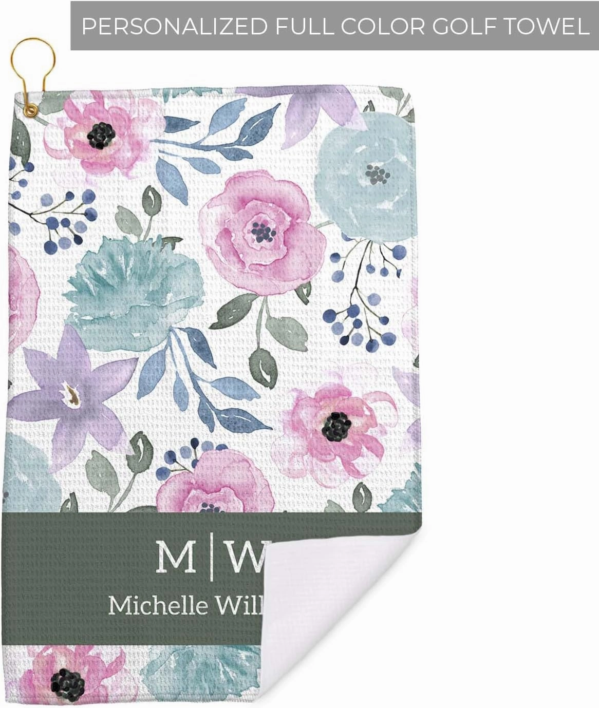 Canopy Street Personalized Modern Pastel Floral Golf Towel/Custom 16" x 24" Microfiber Golfing Towel with Gold Fastener/Mother Grandmother Boss Retirement Golfer Accessory Present